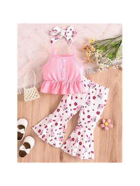 Children's Ruffle Hem Tank Top with Flare Pants and Headband Set